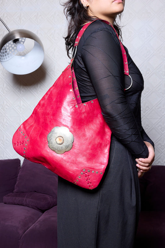 SACOCHE VINTAGE EN CUIR FUCHSIA