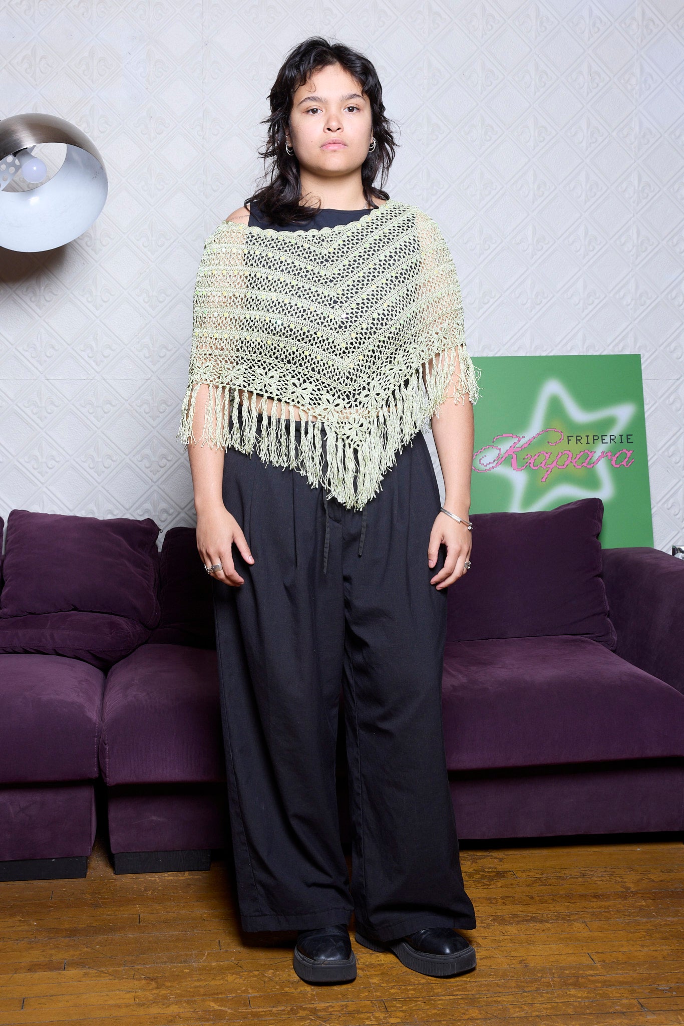 PONCHO TRICOT VERT ET PAILLETTE